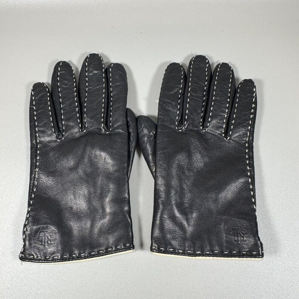 LAUREN Ralph Lauren Black‎ Soft Leather Women's Gloves Logo Large